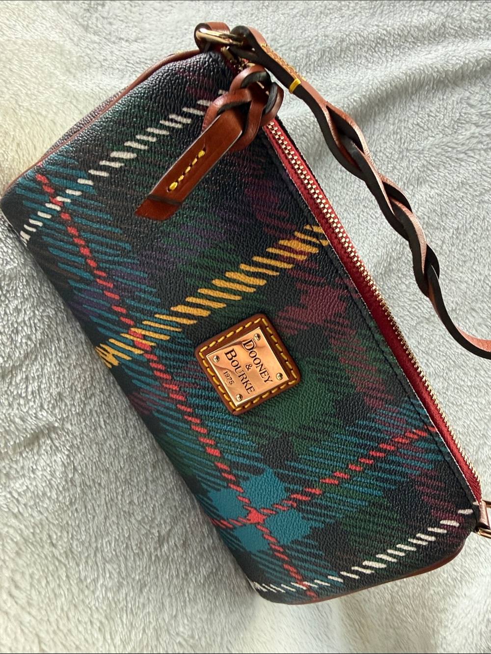 Dooney & Bourke Multicolor Tartan Wristlet with Braided Leather Strap - Picture 1 of 4